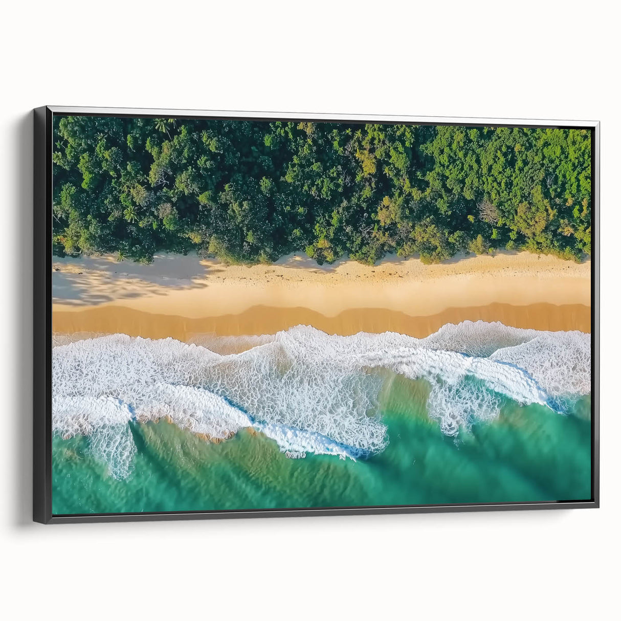 Framed landscape canvas artwork showcasing a serene beach scene with vibrant colors and detailed textures, presented in a sleek black frame, perfect for coastal decor.