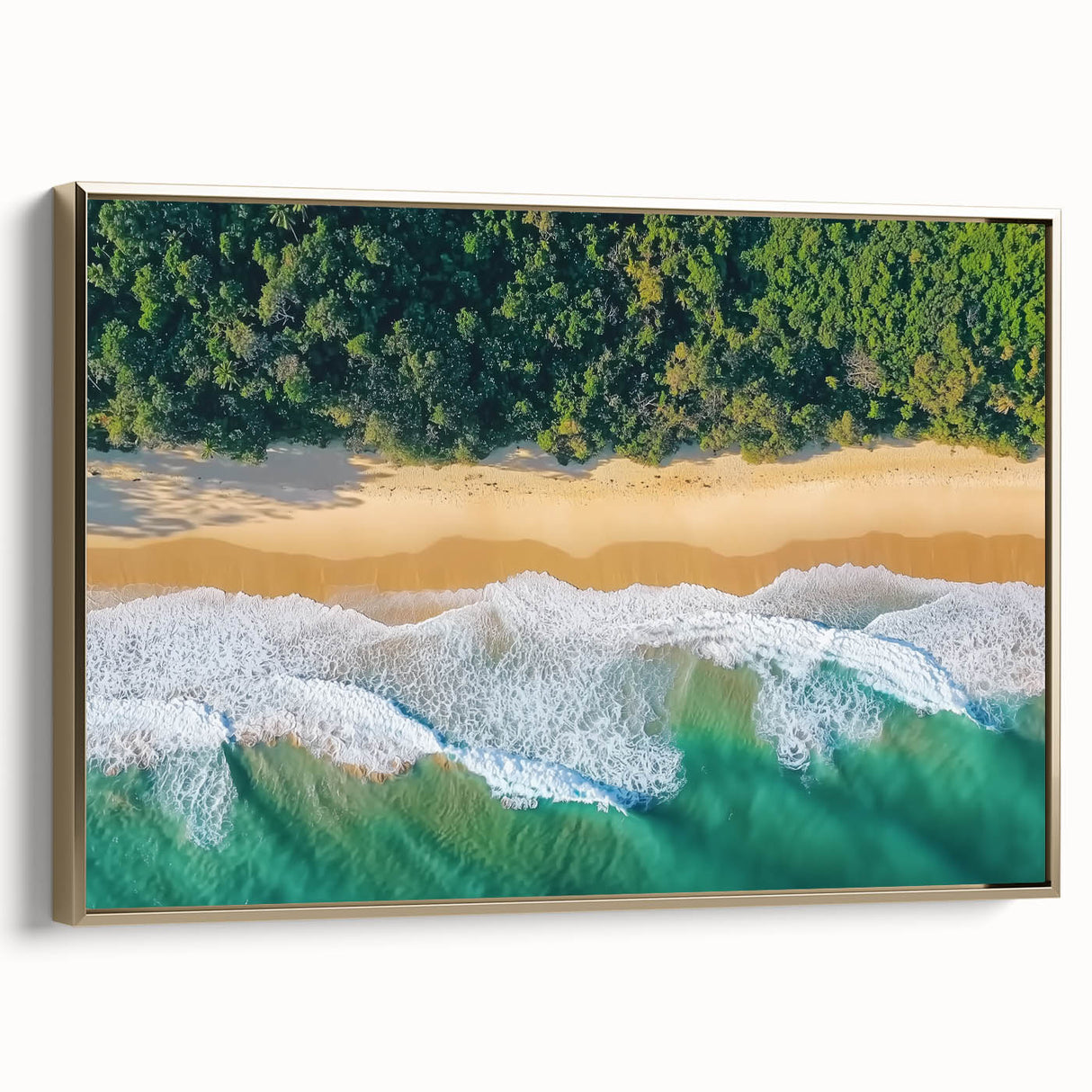Framed canvas artwork showcasing a serene beach landscape with vibrant colors and a gold frame, ideal for home decor in coastal-themed interiors.