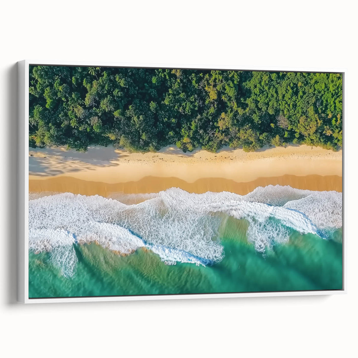 Framed canvas artwork depicting a serene beach landscape with vibrant colors and details, showcased from a white side view, ideal for coastal home decor.