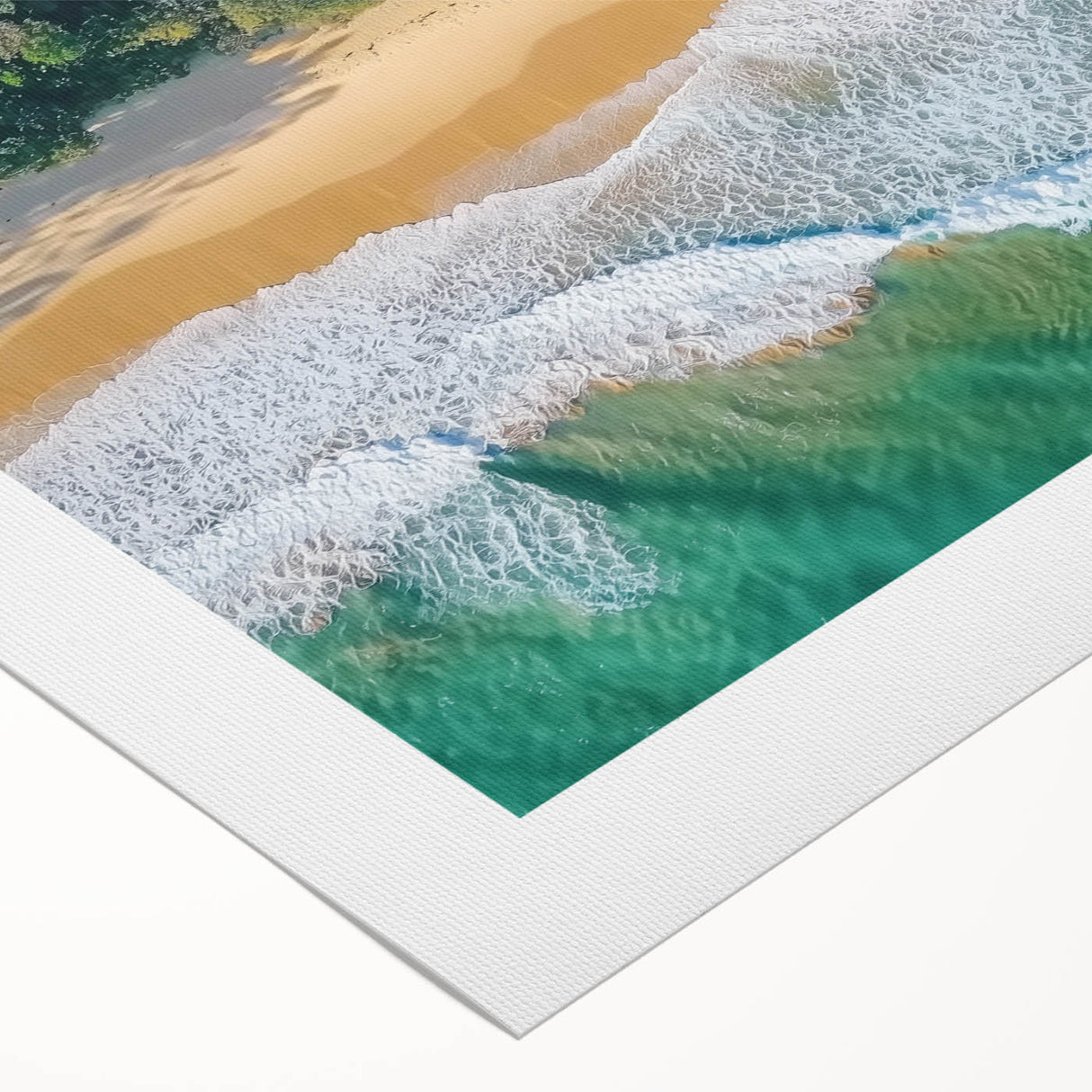 Vibrant rolled canvas artwork depicting a serene beach landscape at sunset, showcasing soft waves and colorful skies, ideal for home decor or beach-themed interiors.