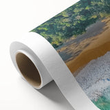 Rolled canvas artwork showcasing a serene beach landscape with vibrant colors, ideal for home decor, shipped securely in a protective cardboard tube.