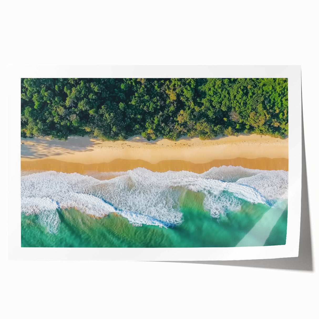 Vibrant landscape art print showcasing a serene beach scene with gentle waves and soft sand, rolled and ready for display in a protective tube. Ideal for coastal decor enthusiasts.