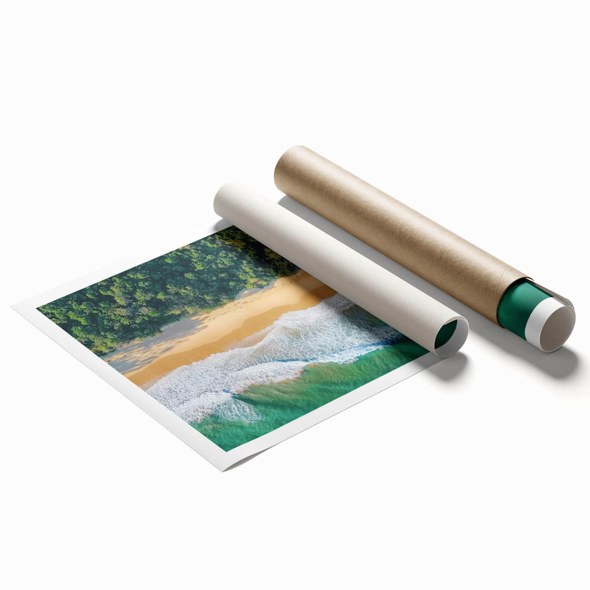 Rolled landscape print showcasing a serene beach scene with vibrant blue skies and golden sands, securely packaged in a durable cardboard tube for safe shipping.