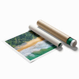 Rolled landscape print showcasing a serene beach scene with vibrant blue skies and golden sands, securely packaged in a durable cardboard tube for safe shipping.