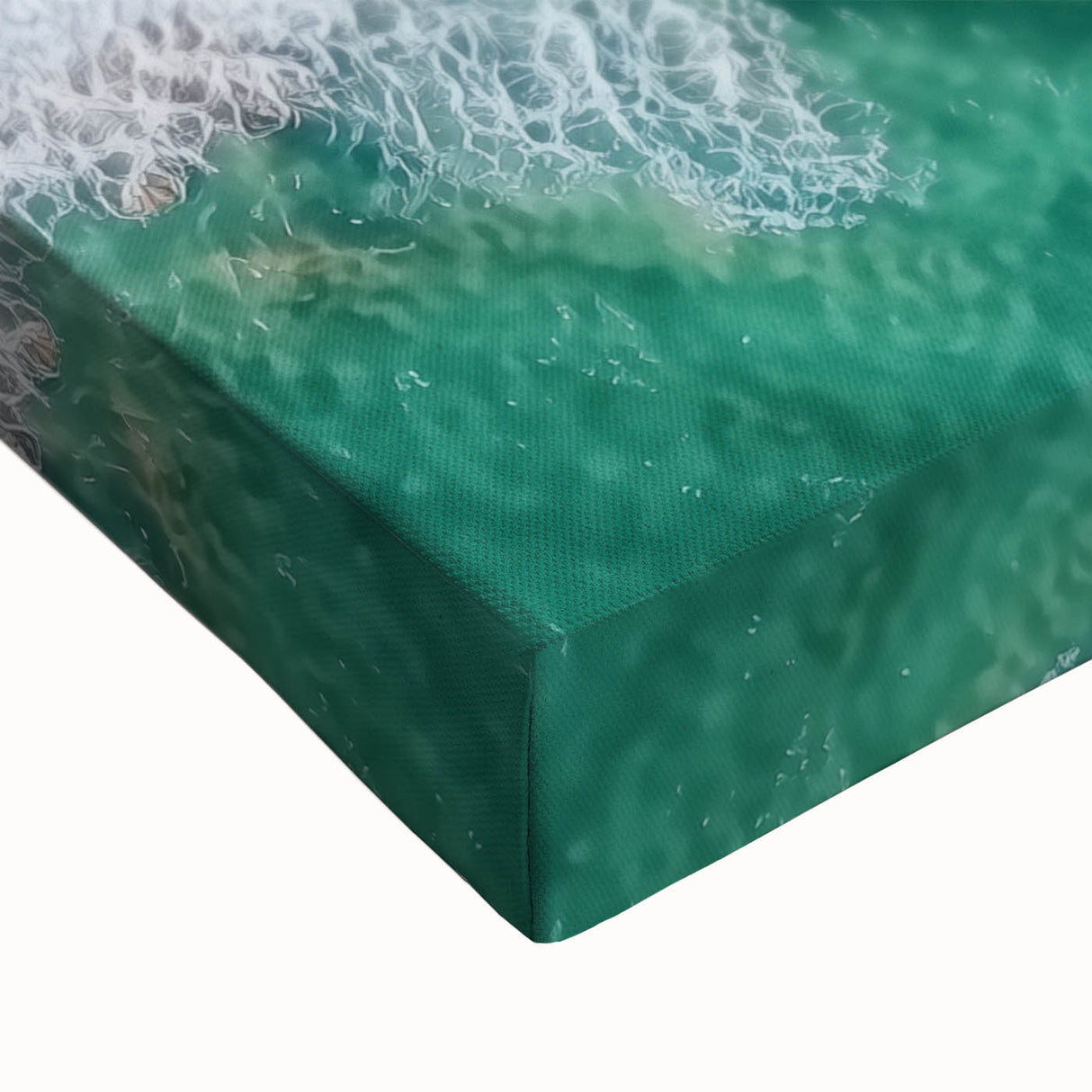 Close-up of a stretched canvas showcasing a vibrant beach landscape design, featuring vivid blues and greens, perfect for coastal home decor and art lovers.