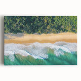 Stretched canvas artwork depicting a serene beach landscape with vibrant colors, capturing waves and clear skies, perfect for coastal home decor.