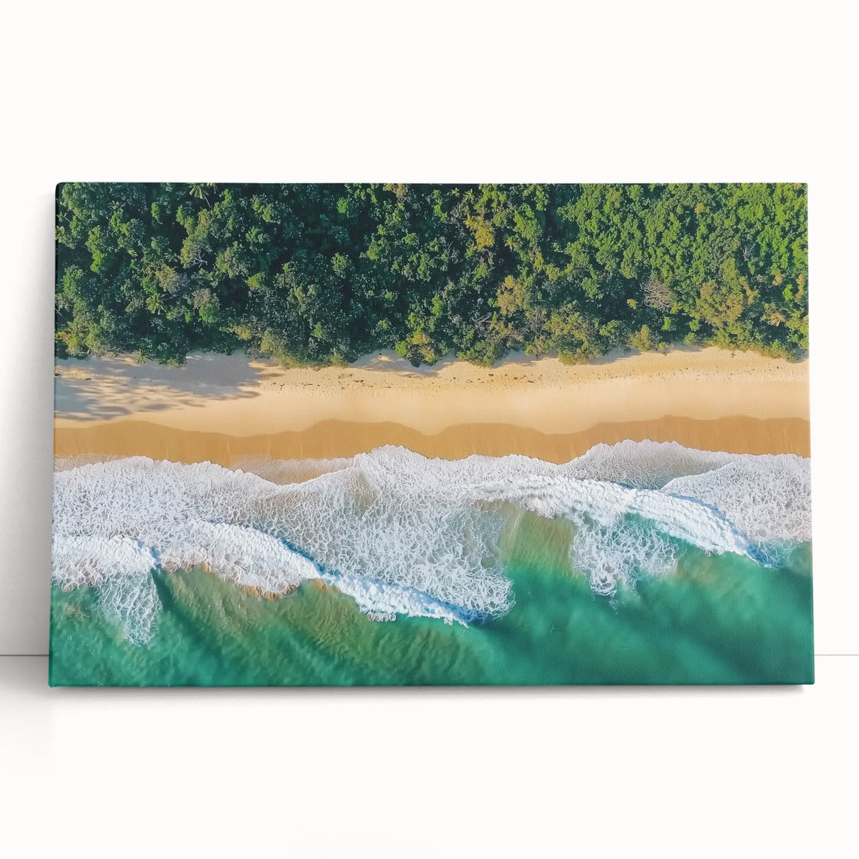 Stretched canvas artwork depicting a serene beach landscape with soft pastel colors, ideal for coastal-themed home decor. Perfect for creating a relaxing ambiance.