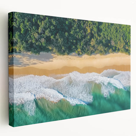 Stretched canvas artwork depicting a serene beach landscape with vibrant colors, showcasing gentle waves and a clear sky, perfect for coastal-themed decor.