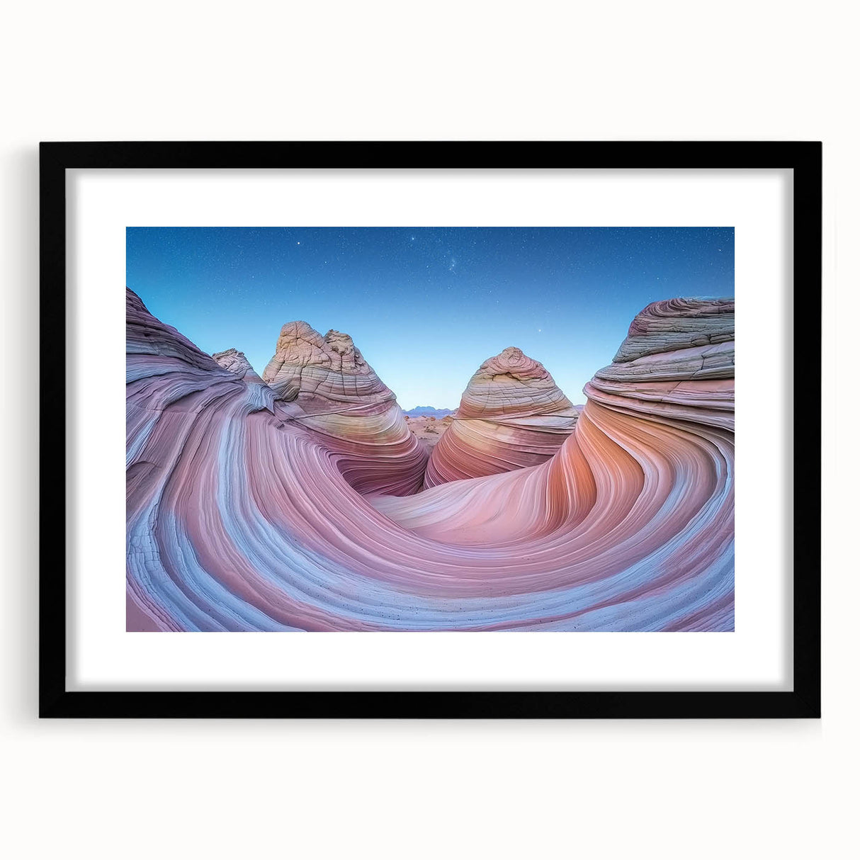 Landscape art piece showcasing a stunning canyon scene, framed in sleek black with a matte finish, ideal for home decor enthusiasts seeking nature-inspired aesthetics.