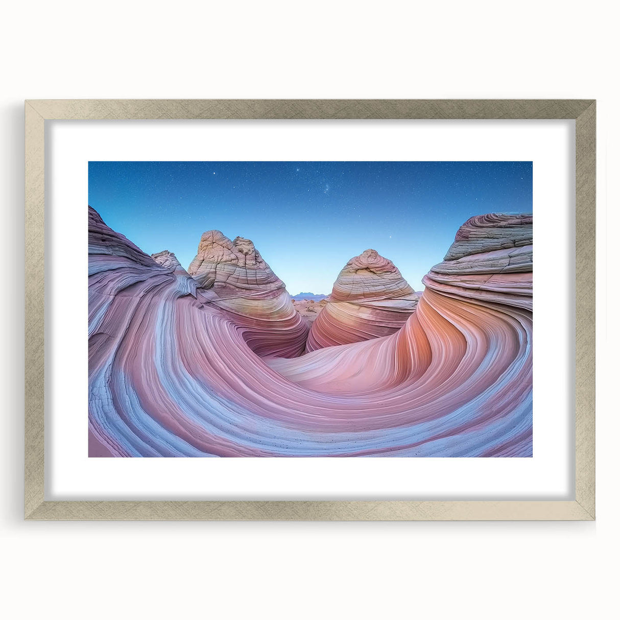Elegant silver-framed landscape print showcasing vibrant canyons, featuring a crisp white mat for added contrast. Ideal for home decor enthusiasts seeking stunning natural artwork.