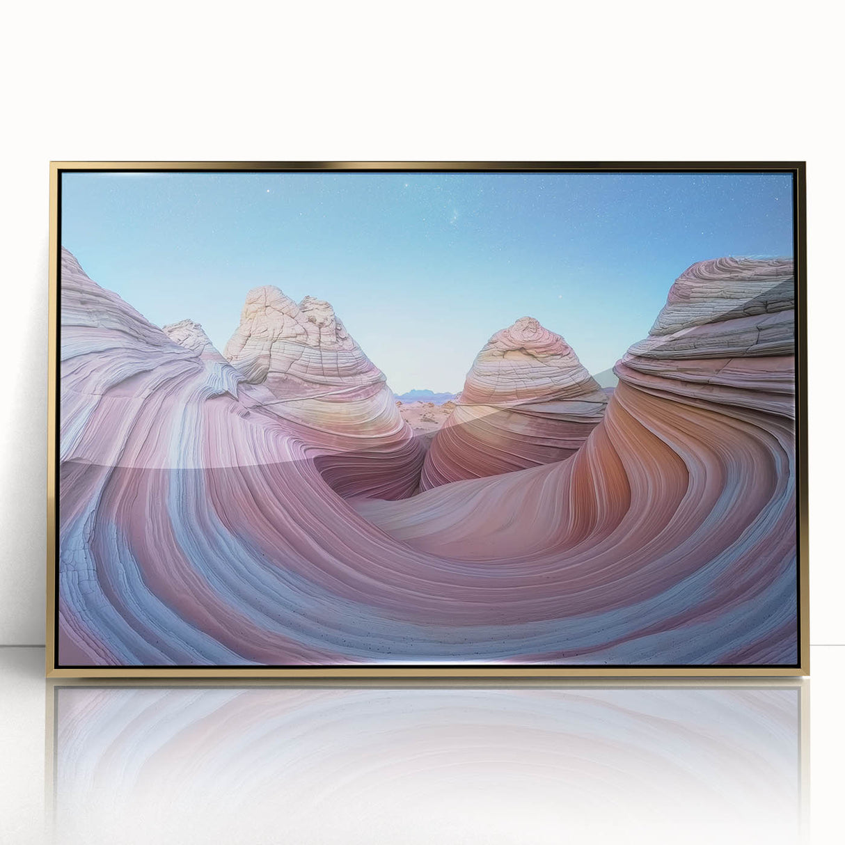 Framed acrylic artwork showcasing a stunning landscape of canyons with rich gold tones, perfect for enhancing modern home decor. Ideal for art enthusiasts and interior design lovers.