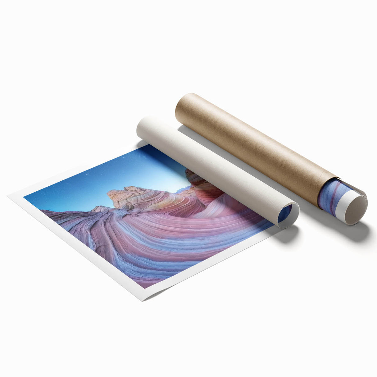 Landscape print showcasing vibrant canyons in rich earthy tones, rolled and packaged in a durable cardboard tube for easy transport and display. Perfect for nature lovers seeking to enhance home decor with stunning natural scenery.
