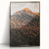 Large art print of a mid-century modernist autumn scene in gold tones on framed acrylic, suitable for modern nursery decor.