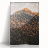 Art deco poster of a fall scene in muted orange and brown hues, framed acrylic, ideal for modern nursery decor.