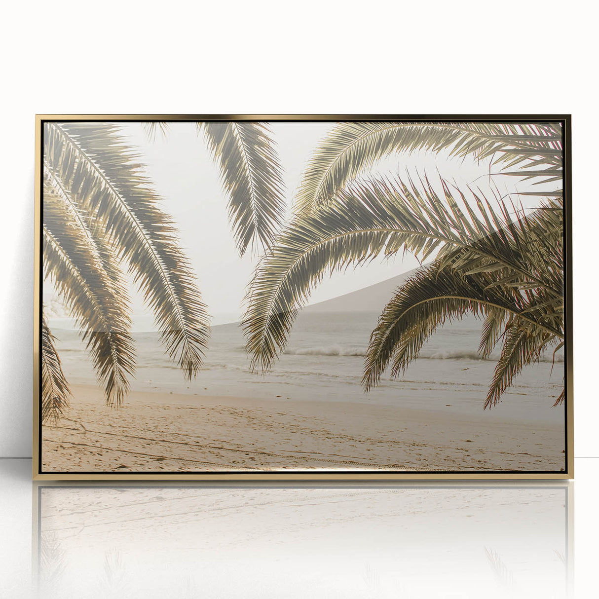Mid-century modernist style large art print of a summer scene, framed in gold acrylic, with vibrant hues.