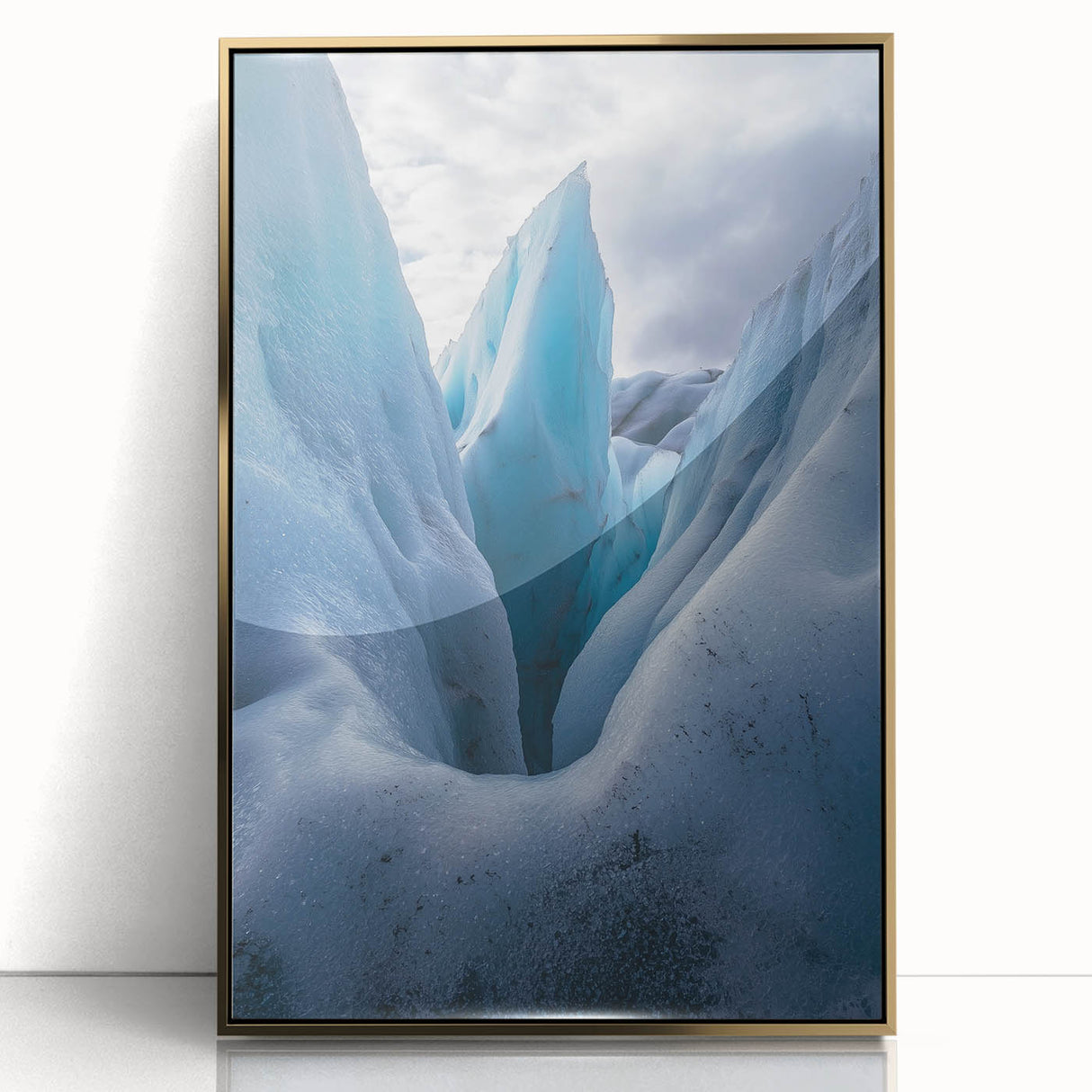 Framed acrylic artwork showcasing a stunning landscape of cliffs with golden accents, displayed from the front view, ideal for modern home decor.