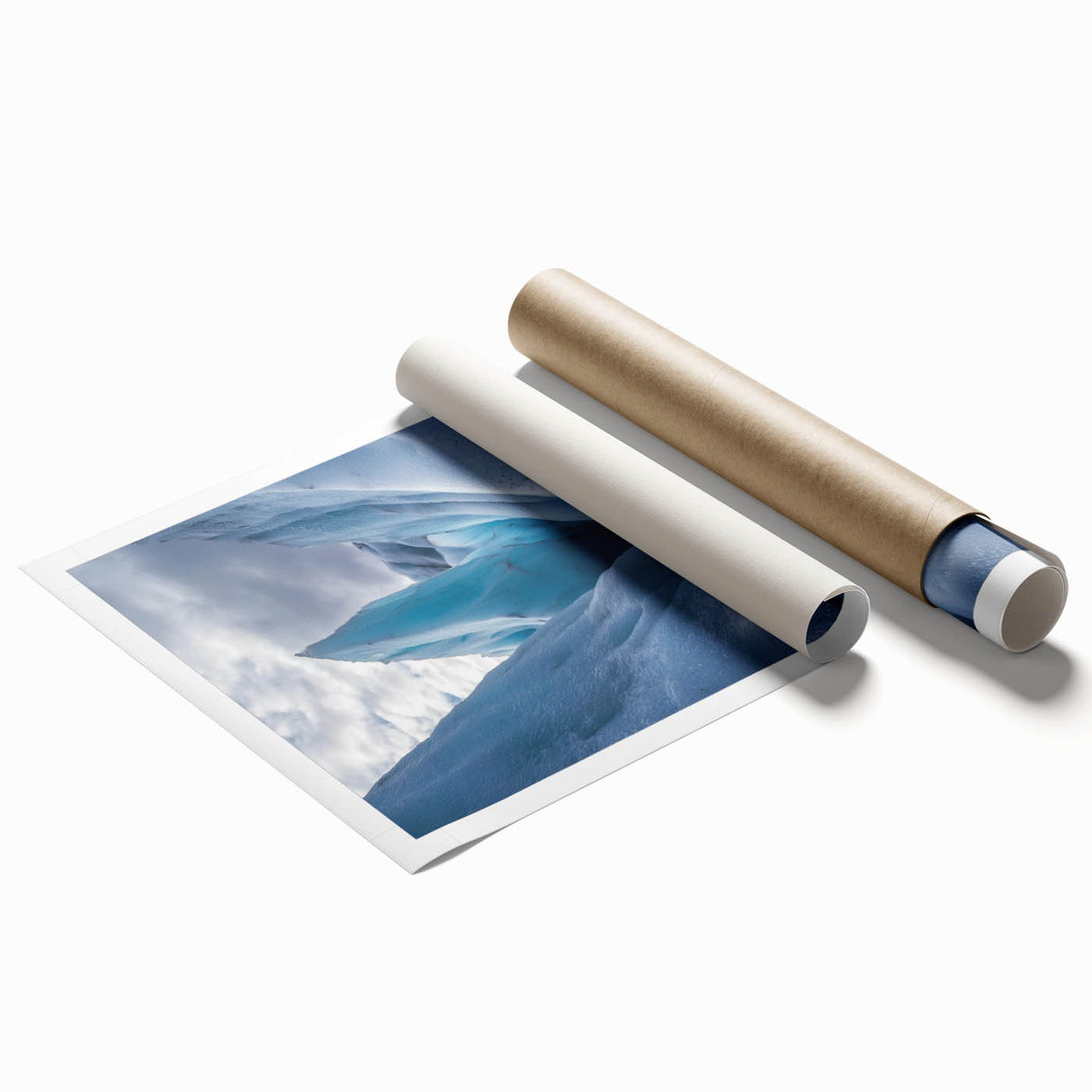 Stunning landscape print of rugged cliffs and vibrant blue skies, rolled and housed in a durable cardboard tube for safe shipping and display. Perfect for nature lovers.