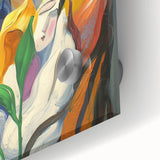 Abstract figurative acrylic artwork on glass showcasing vibrant colors and fluid shapes, emphasizing modern design elements and artistic expression.