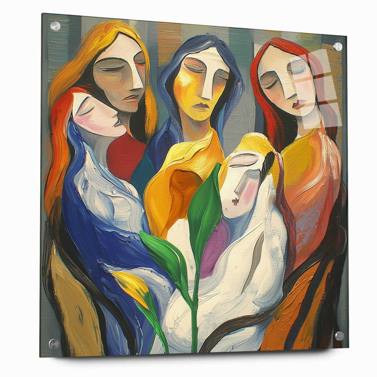 Abstract figurative acrylic artwork displayed from a side view, featuring vibrant colors and intricate designs, secured with decorative pins for added texture. Perfect for modern home decor.