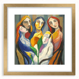 Abstract figurative art framed in a gold mat, showcasing a modern design with vibrant colors and intricate details, ideal for home decor or gallery display.