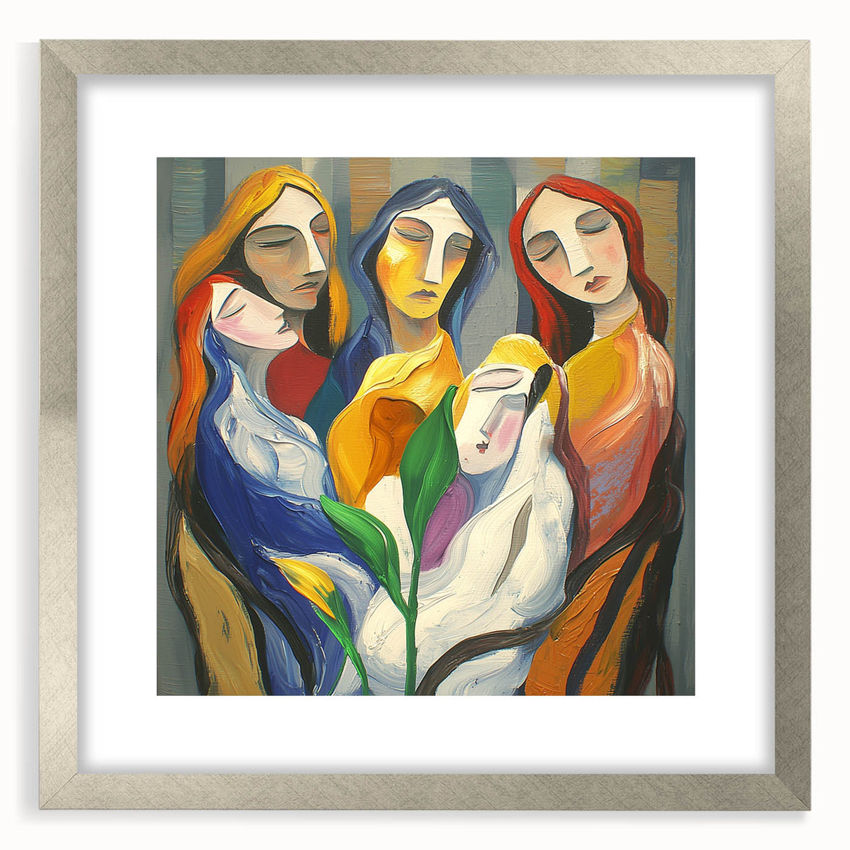 Abstract figurative silver frame with a mat, showcasing a modern artistic design. Ideal for contemporary decor, enhancing living spaces with elegance and style.