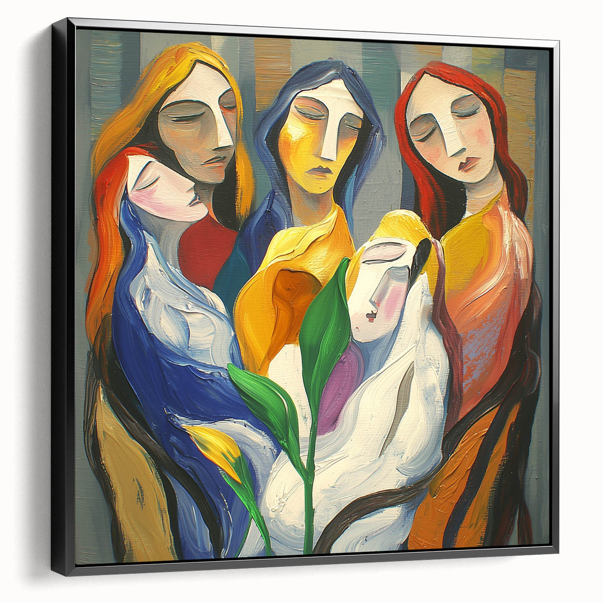 Framed abstract figurative canvas art showcasing a modern design in black, elegantly displayed from a side view, perfect for contemporary home decor.