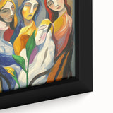 Close-up of a vibrant abstract figurative framed canvas artwork showcasing bold colors and dynamic shapes, ideal for modern home decor and artistic expression.