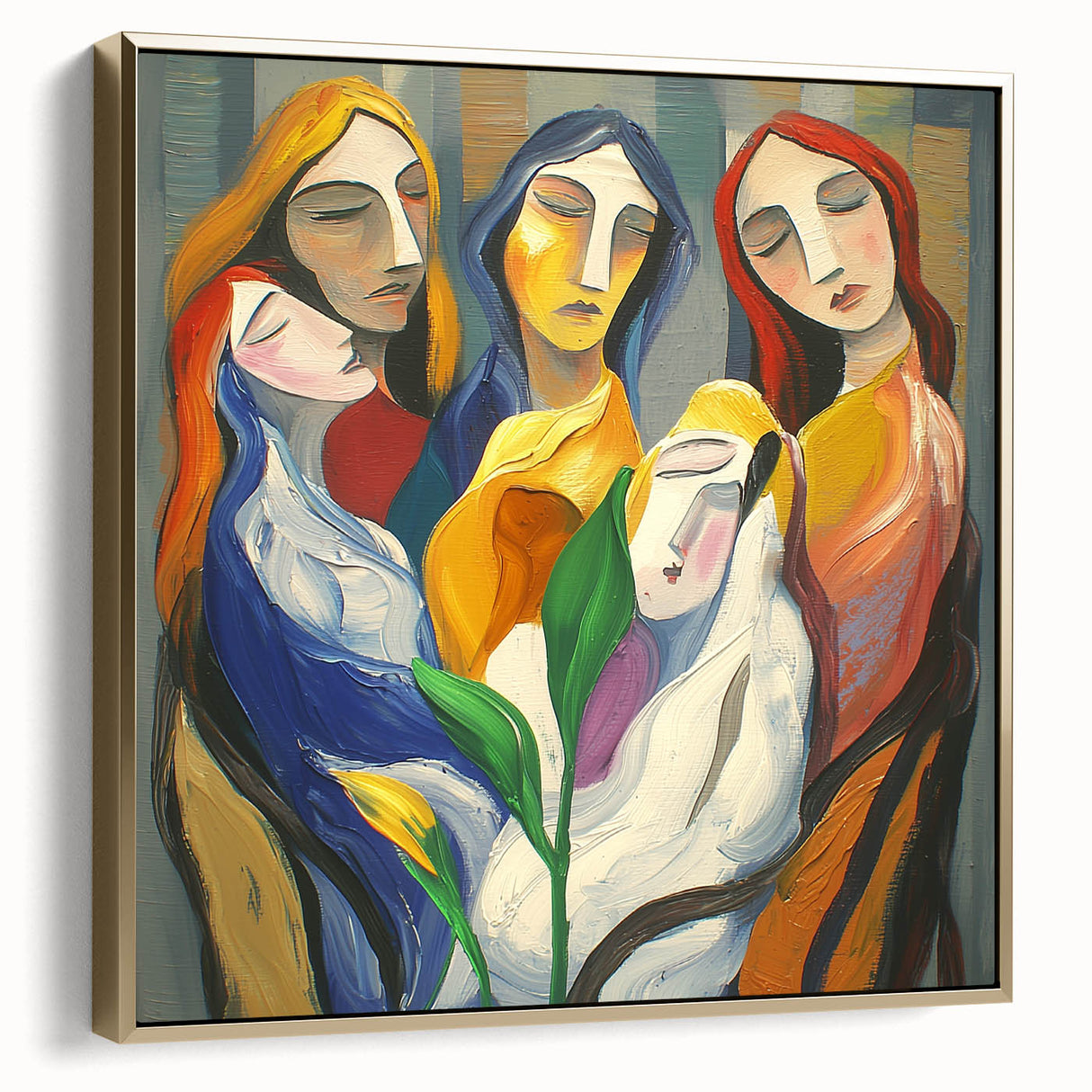 Abstract figurative framed canvas artwork in silver and gold tones, showcasing a modern design ideal for contemporary decor, placed in a stylish living room setting.