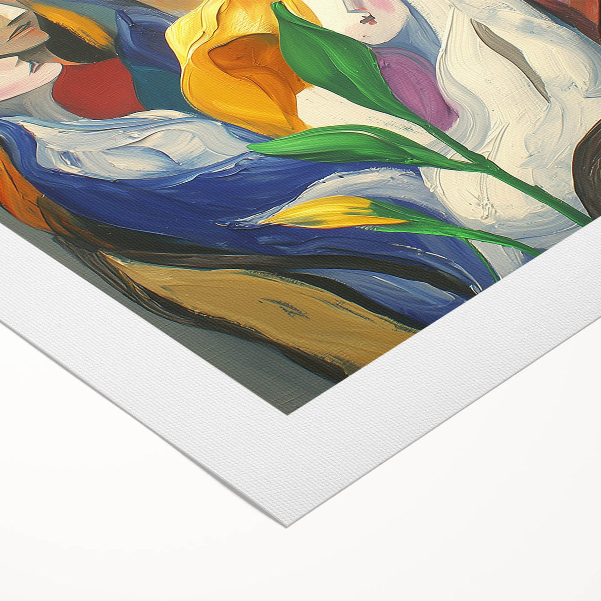 Abstract figurative artwork on rolled canvas, showcasing vibrant colors and dynamic shapes, packaged securely in a durable cardboard tube for safe transport.