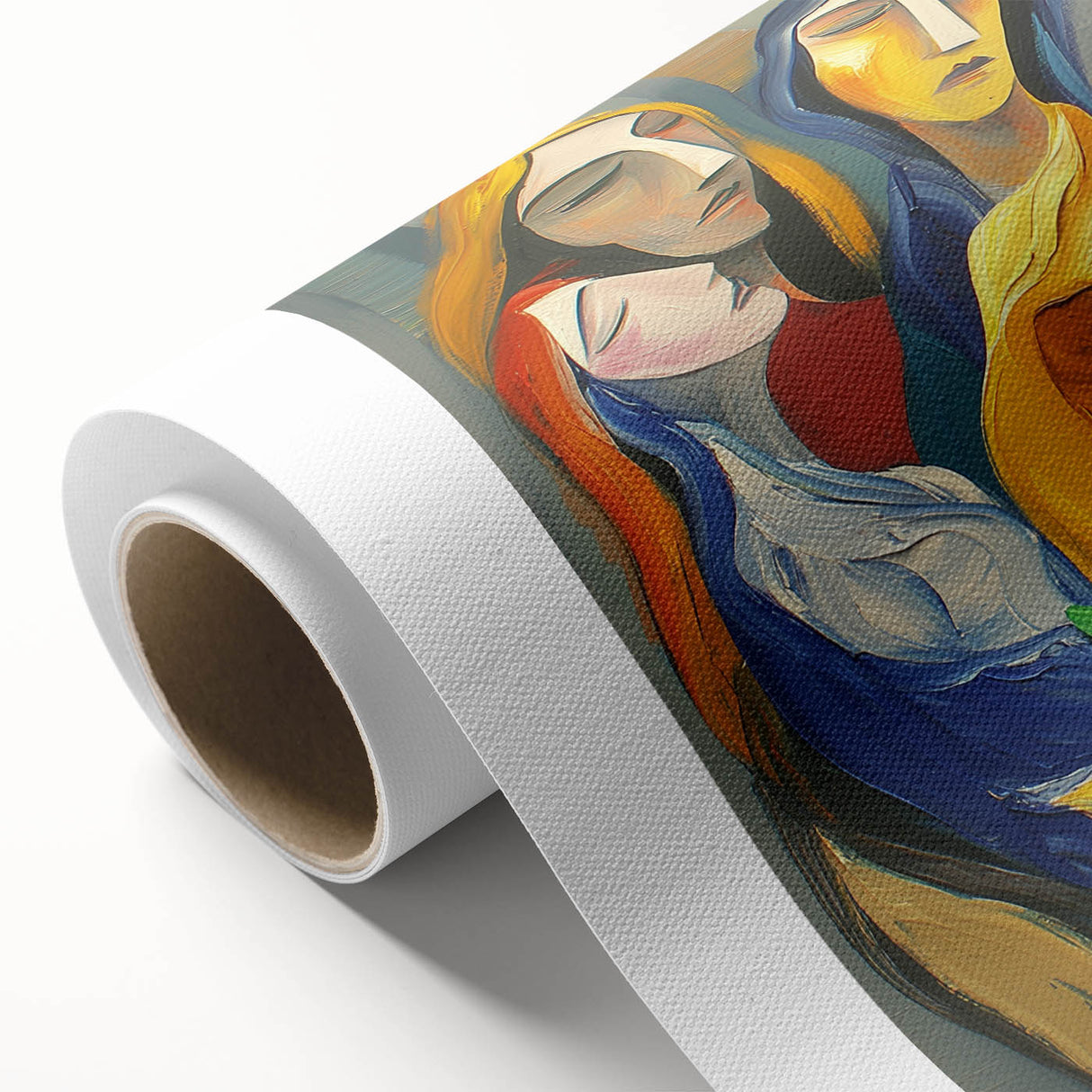 Abstract figurative rolled canvas artwork showcasing vibrant colors and dynamic shapes, ideal for modern home decor. Packaged securely in a protective cardboard tube.