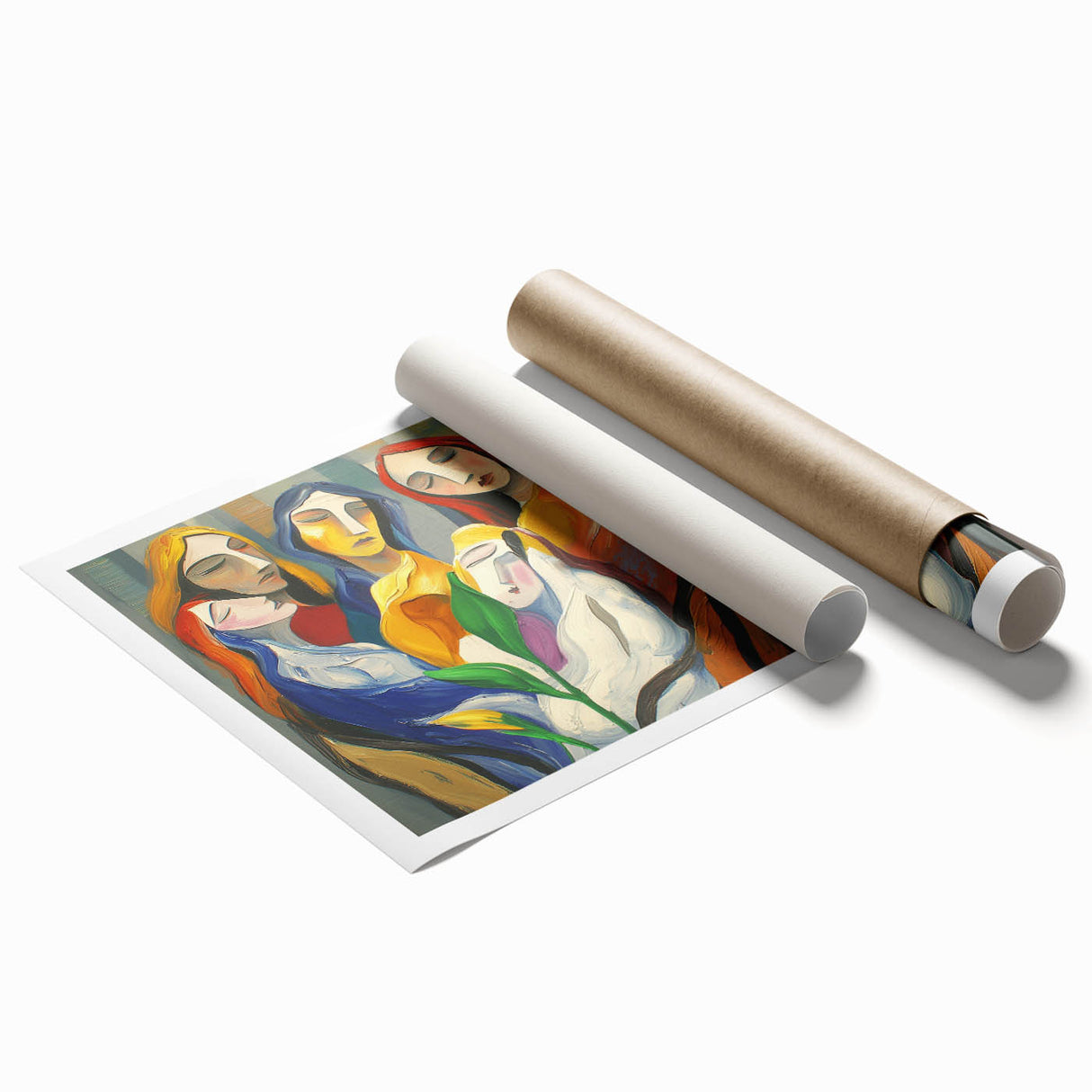Abstract figurative art print showcasing vibrant colors and dynamic shapes, rolled for shipping in a protective cardboard tube, perfect for modern home decor.