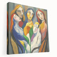 Stretched canvas artwork displaying an abstract figurative design in vibrant colors, showcasing a side view with a textured finish, ideal for modern home decor.