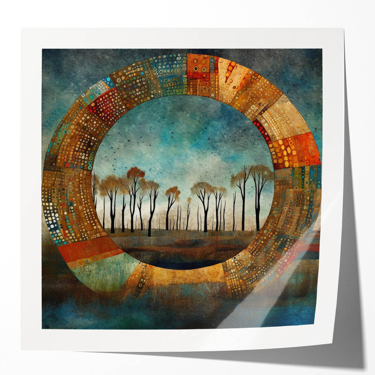 Abstract floral wall art print in vibrant colors featuring intricate designs, displayed in a modern mockup setting with a glossy finish, ideal for home decor.