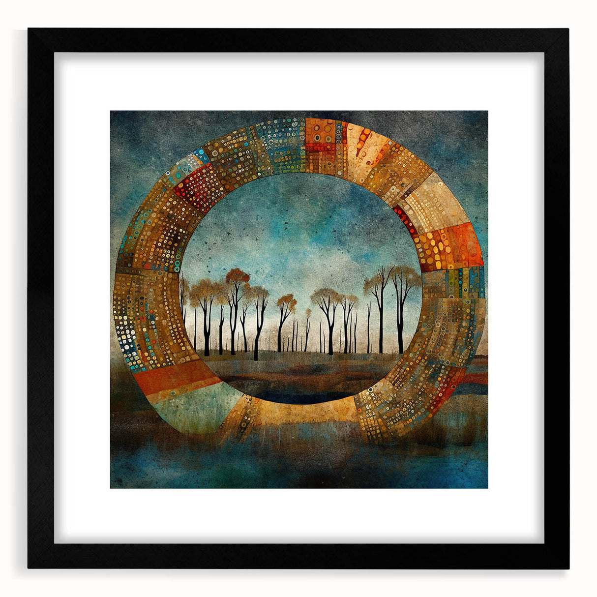 Abstract floral wall art framed in black with a mat, showcasing vibrant colors and intricate designs, ideal for modern home decor and enhancing interior aesthetics.