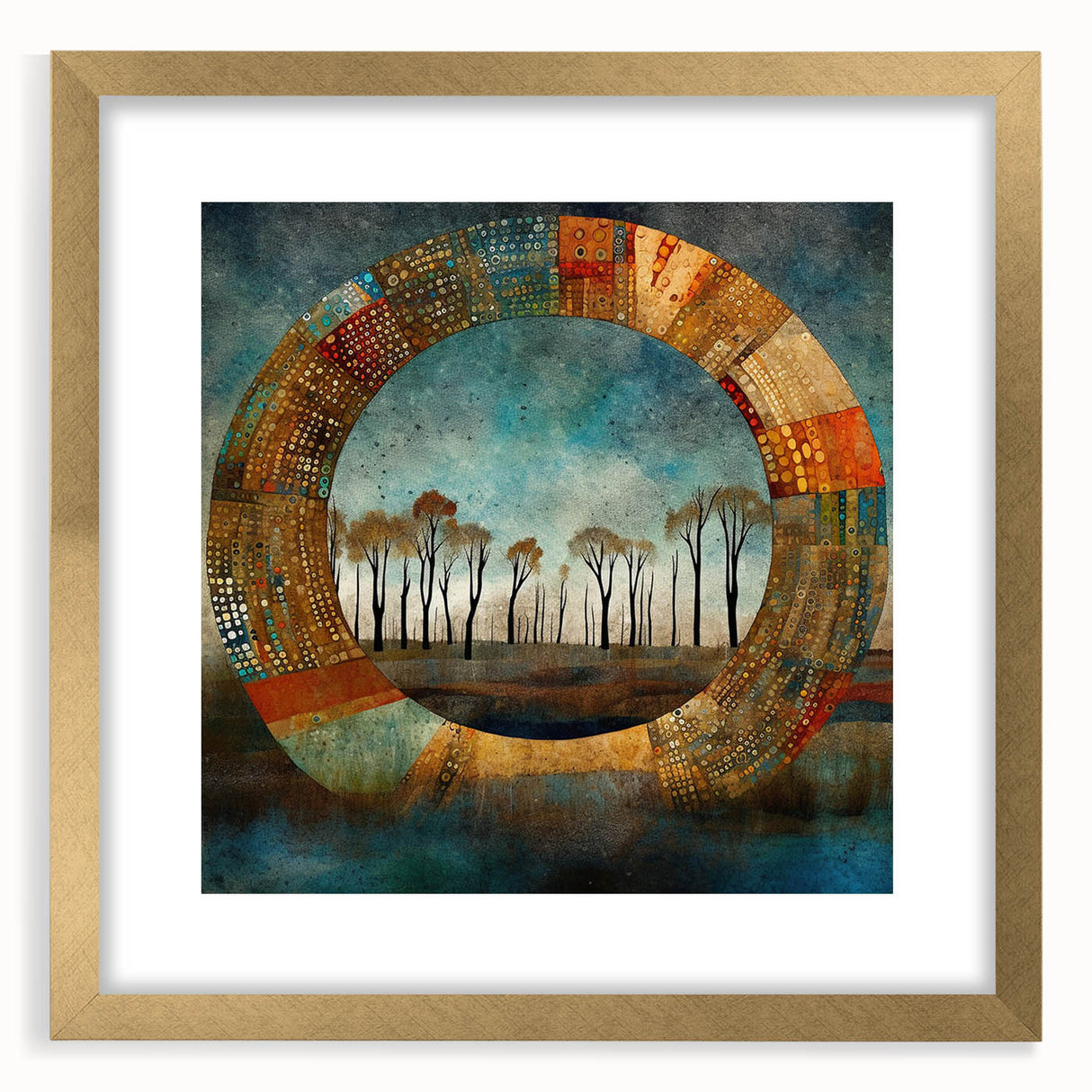 Abstract floral wall art framed with a gold mat, showcasing vibrant colors and intricate details, perfect for enhancing modern home decor or office spaces.