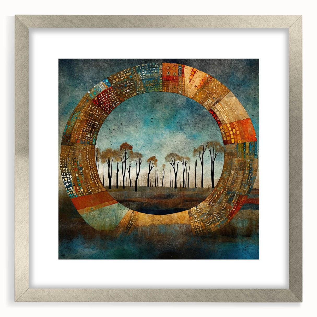 Abstract floral wall art framed in silver with a mat, showcasing vibrant colors and intricate designs, perfect for modern home decor.