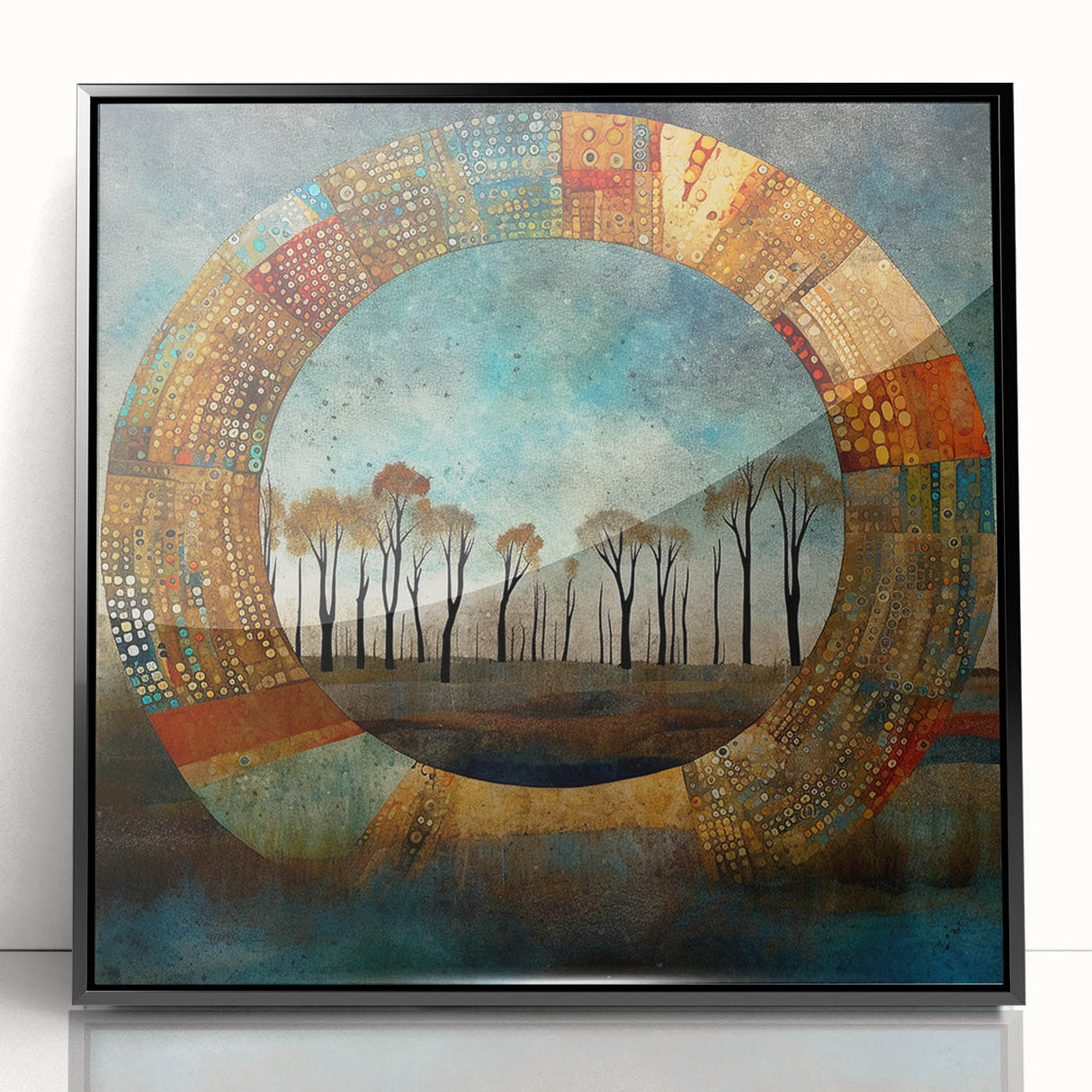 Framed abstract floral wall art in a black frame, showcasing vibrant colors and intricate patterns, perfect for modern home decor. This piece adds a touch of elegance to any room.