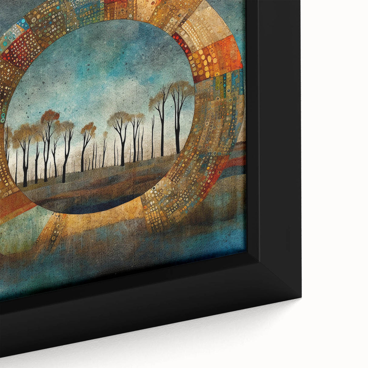 Close-up of framed abstract floral wall art on a textured canvas, showcasing vibrant colors and intricate details, perfect for modern home decor.