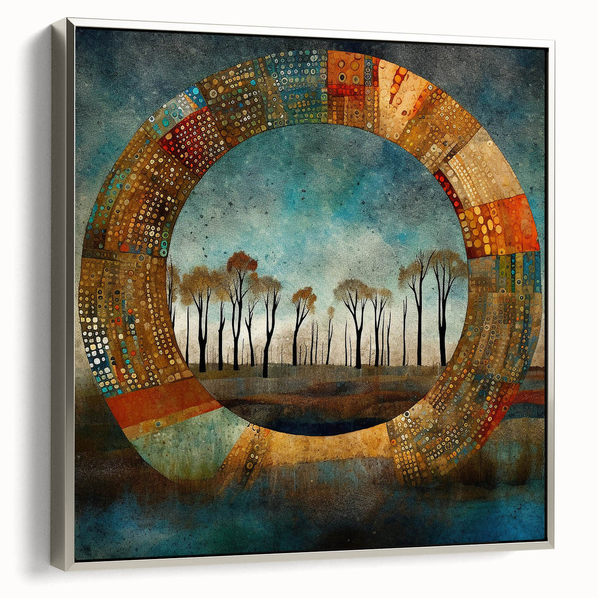 Framed abstract floral wall art in silver, showcasing vibrant colors and intricate designs, perfect for modern home decor. Side view highlights premium canvas texture and elegant frame.