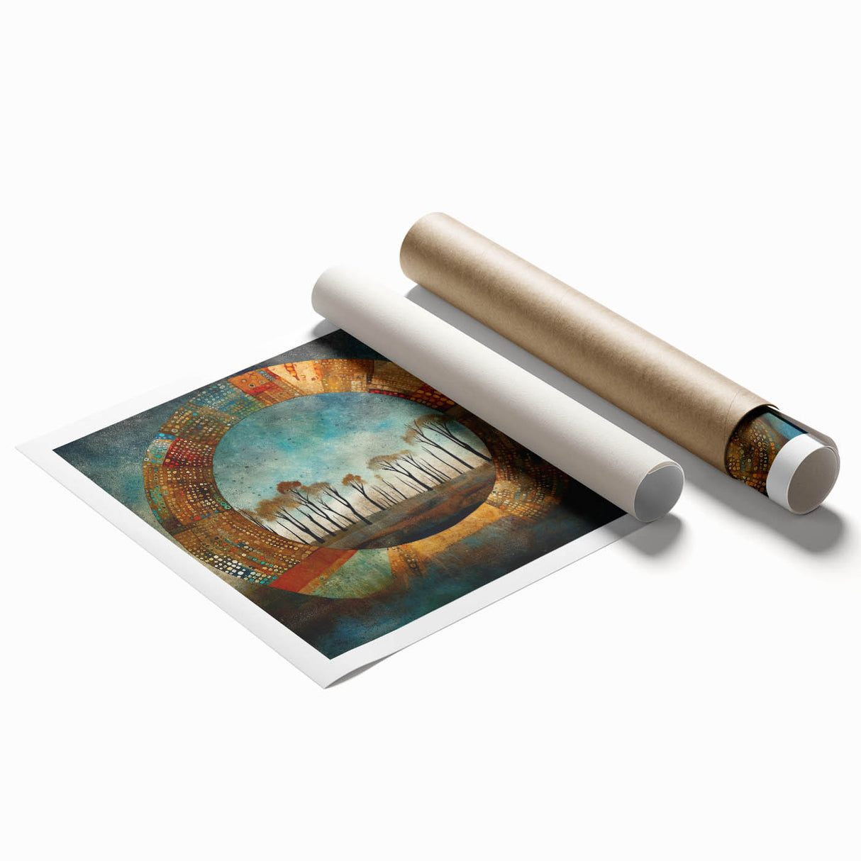 Abstract floral wall art print showcasing vibrant colors and intricate designs, rolled and ready for display, ideal for modern home decor enthusiasts.