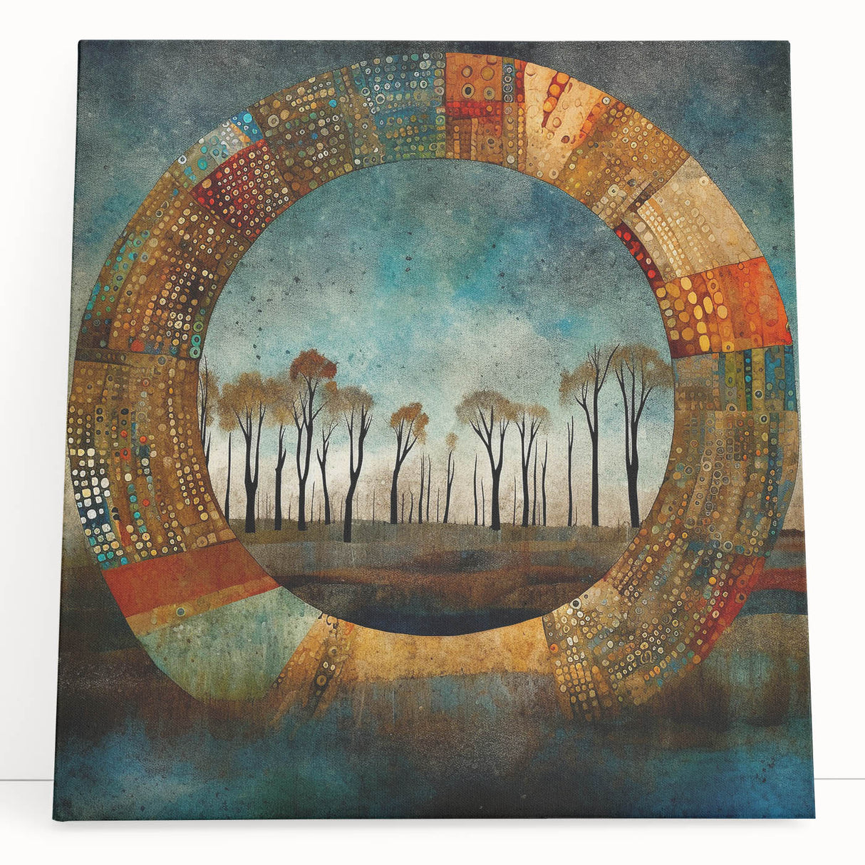 Abstract floral wall art on stretched canvas, featuring vibrant colors like teal, pink, and gold, leaning against a light-colored wall, adding a modern touch to home decor.