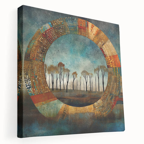 Abstract floral wall art on a stretched canvas, showcasing vibrant colors and intricate designs, perfect for modern home decor. Side view highlights depth and texture.
