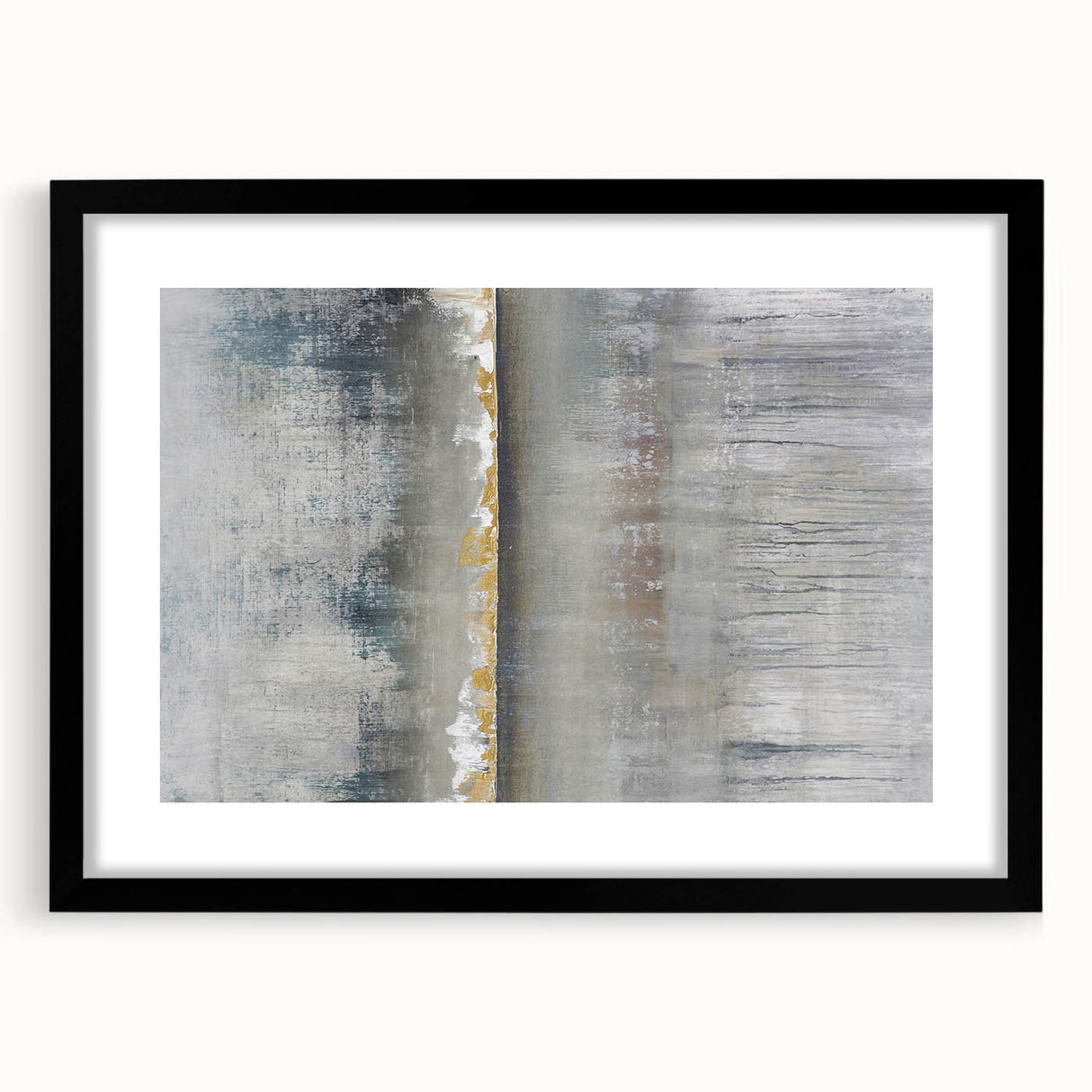 Abstract landscape wall art in a sleek black frame with a mat, showcasing vibrant colors and intricate details, perfect for modern home decor.