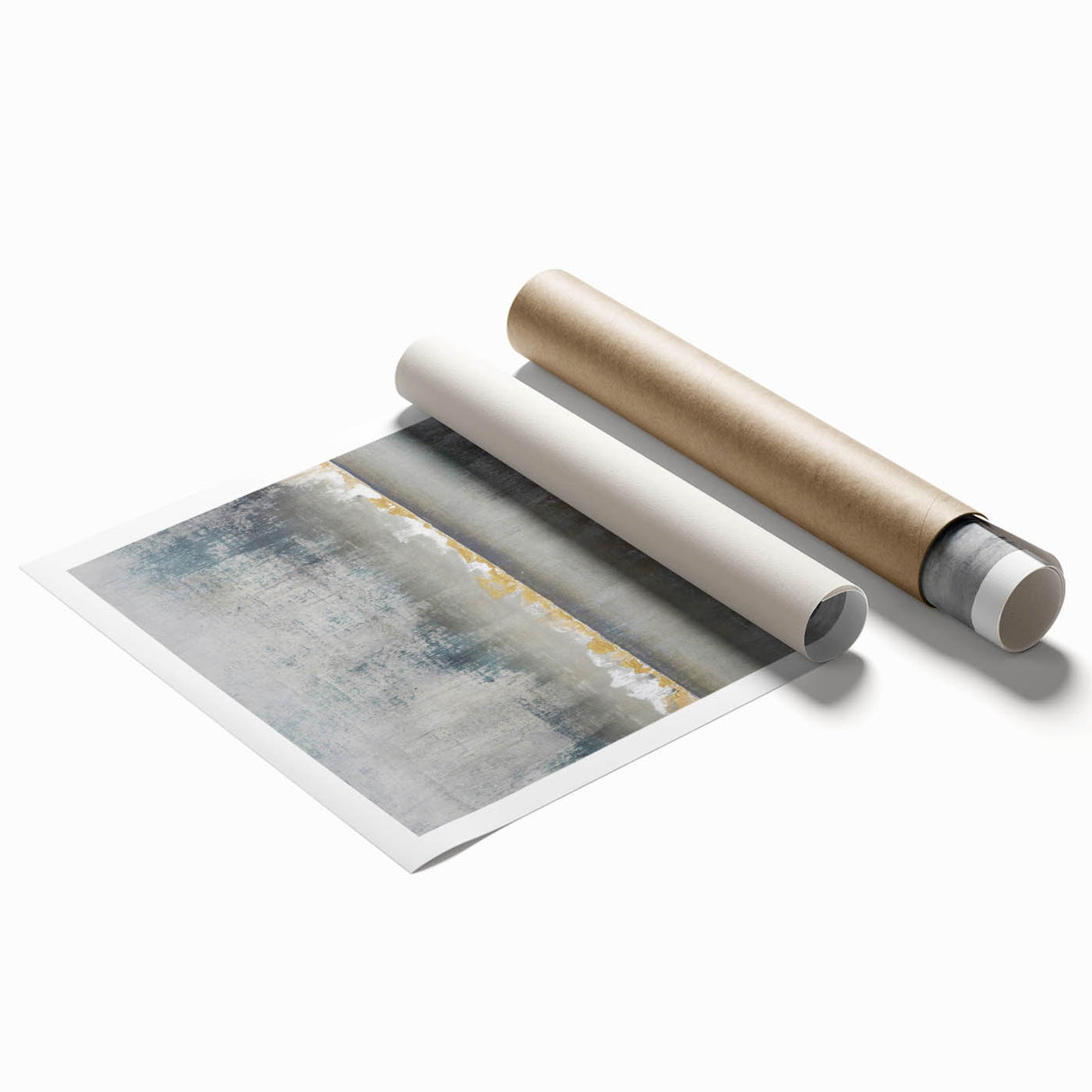 Abstract landscape wall art print featuring vibrant colors and fluid shapes, showcasing a modern artistic interpretation of nature, rolled and ready for display.