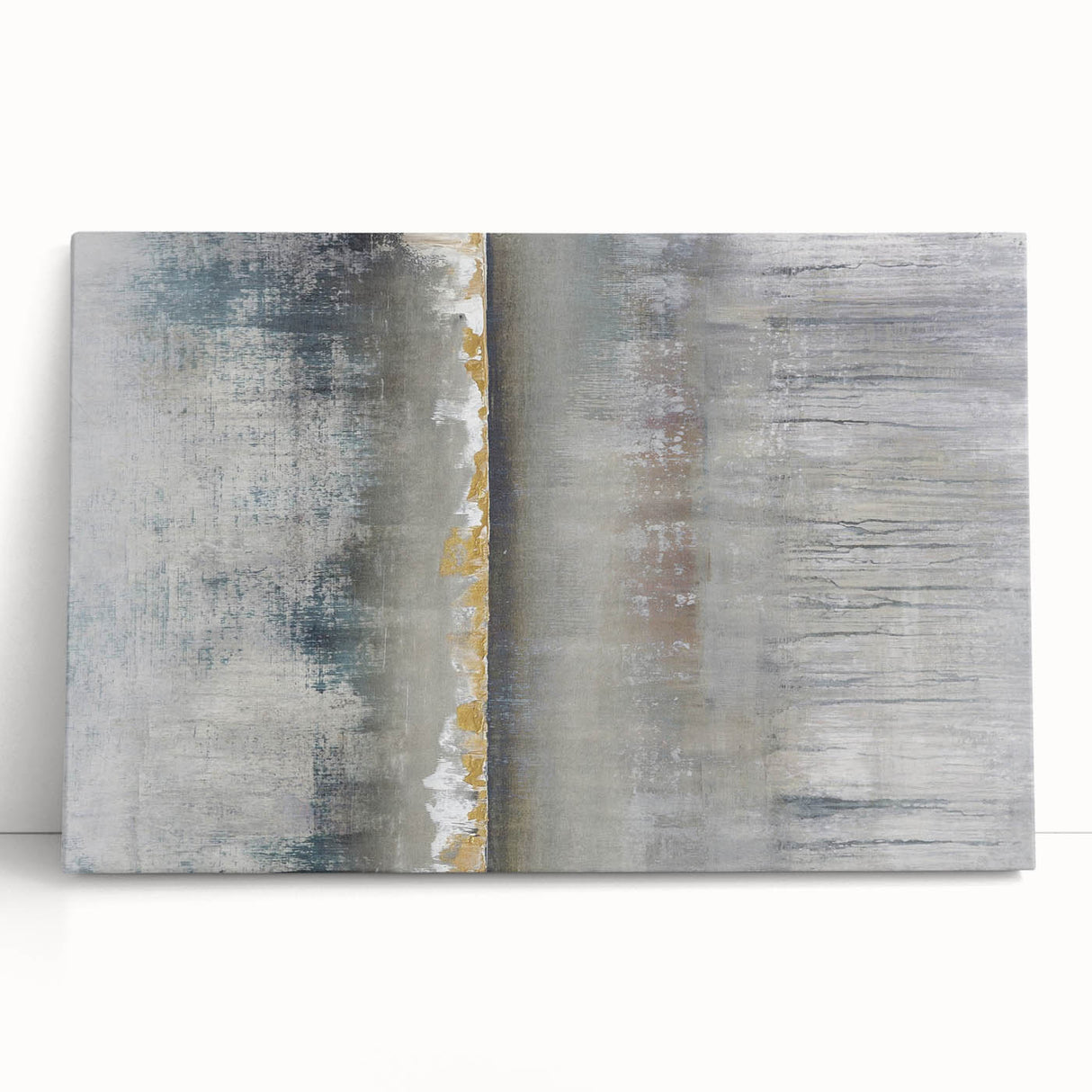 Abstract landscape wall art on stretched canvas, featuring vibrant colors and dynamic shapes, leaning against a textured wall, perfect for modern decor.