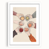 Abstract art print featuring swirling blue and green patterns on a white framed canvas.