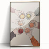 Large art print featuring mid-century modernist food and drinks imagery on a gold-framed acrylic.