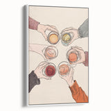 Vintage poster art of assorted drinks in vibrant colors on a large framed canvas, ideal for living room decor.