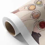 Art deco poster of stylized food and drinks on rolled canvas, featuring pastel shades, ideal for nursery wall art.