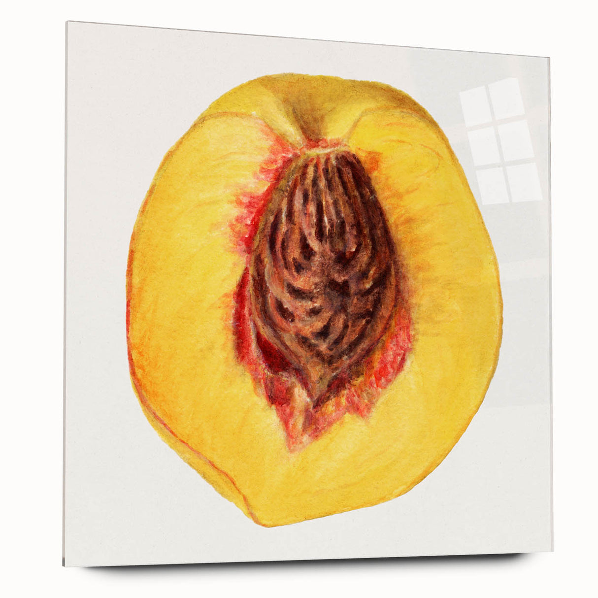 Large abstract wall art featuring assorted fruits in vibrant colors on acrylic glass, ideal for bedroom or dining room decor.